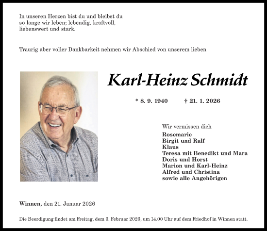Traueranzeige von Karl-Heinz Schmidt von Westerwälder Zeitung