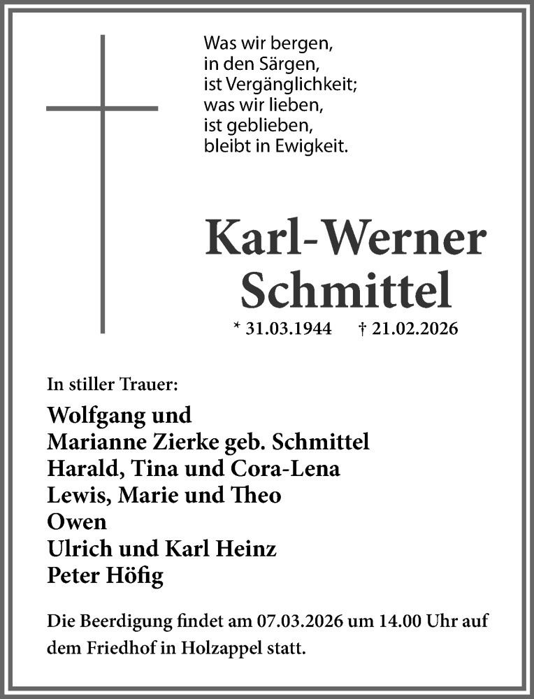  Traueranzeige für Karl-Werner Schmittel vom 28.02.2026 aus Rhein-Lahn-Zeitung