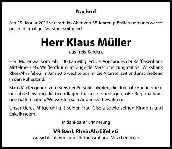 Traueranzeige von Klaus Müller von Rhein-Zeitung
