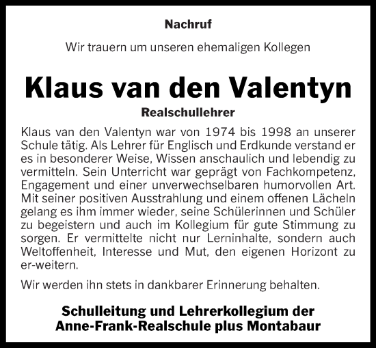 Traueranzeige von Klaus van den Valentyn von Westerwälder Zeitung