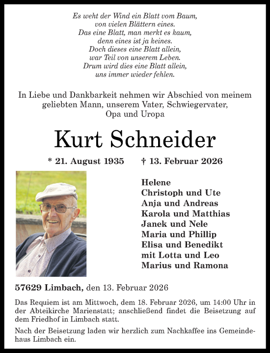 Traueranzeige von Kurt Schneider von Westerwälder Zeitung, Rhein-Zeitung