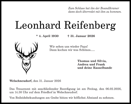 Traueranzeige von Leonhard Reifenberg von Westerwälder Zeitung