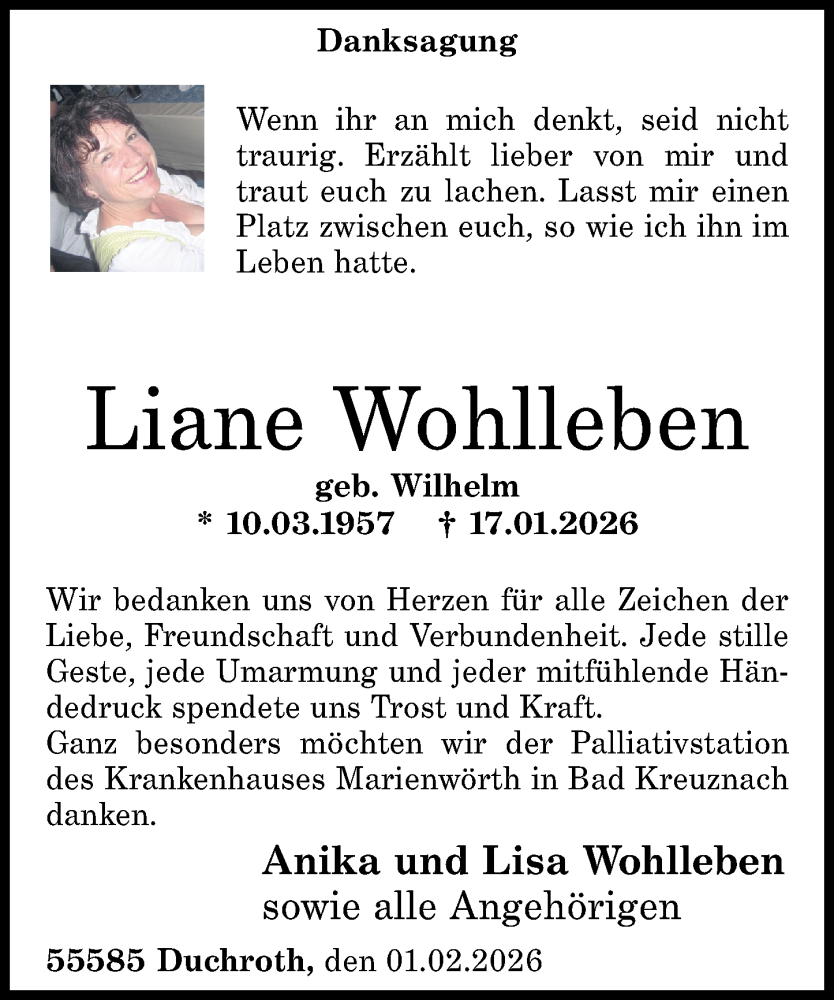 Traueranzeige für Liane Wohlleben vom 03.02.2026 aus Oeffentlicher Anzeiger