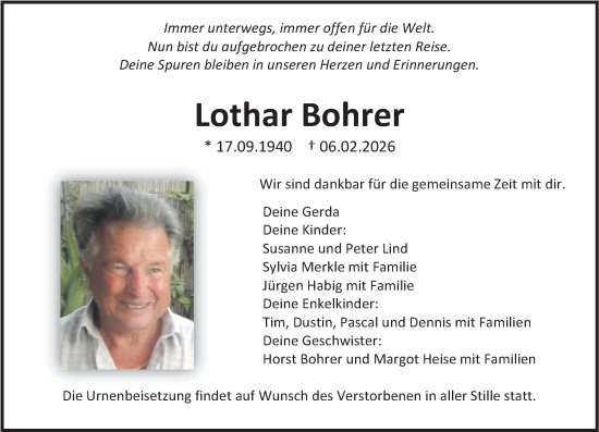 Traueranzeige von Lothar Bohrer von Nahe-Zeitung