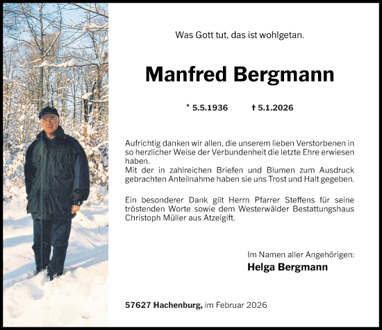 Traueranzeige von Manfred Bergmann von Westerwälder Zeitung