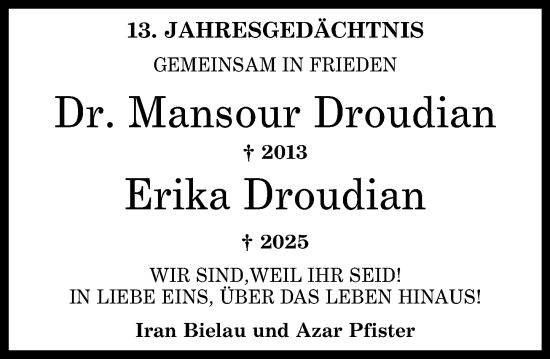 Traueranzeige von Mansour und Erika Droudian von Oeffentlicher Anzeiger