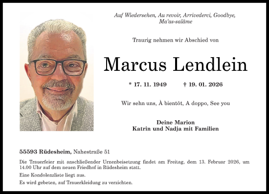 Traueranzeige von Marcus Lendlein von Oeffentlicher Anzeiger