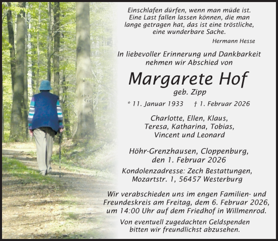 Traueranzeige von Margarete Hof von Westerwälder Zeitung