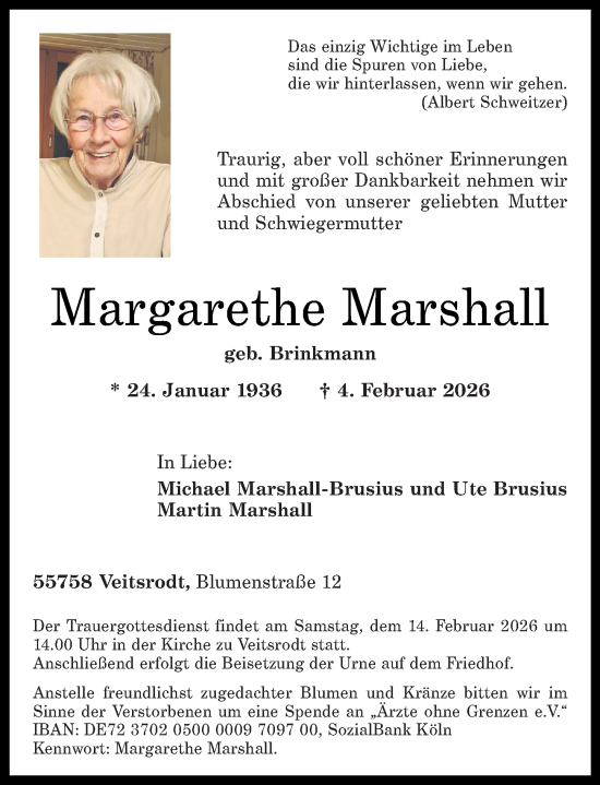 Traueranzeige von Margarethe Marshall von Nahe-Zeitung