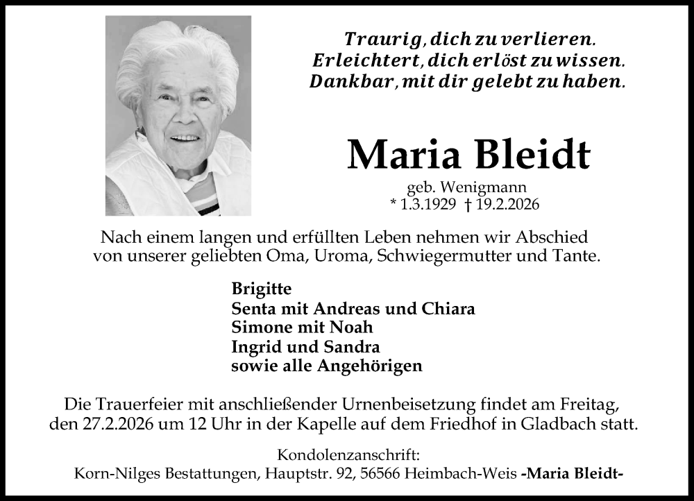  Traueranzeige für Maria Bleidt vom 21.02.2026 aus Rhein-Zeitung