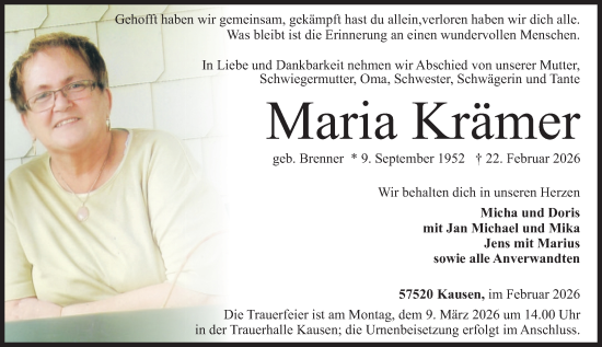 Traueranzeige von Maria Krämer von Rhein-Zeitung