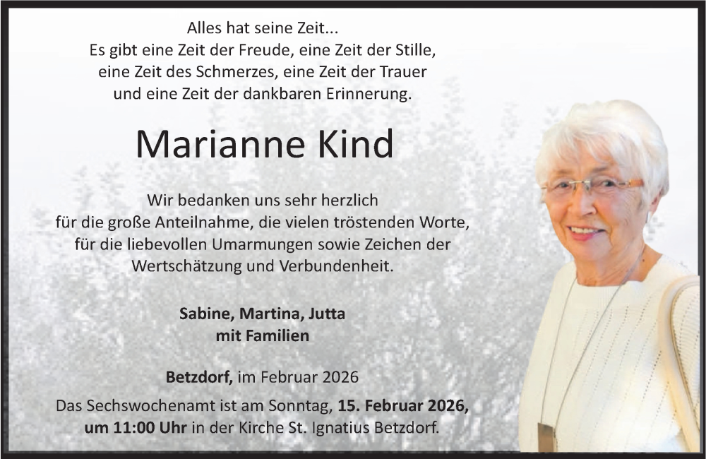  Traueranzeige für Marianne Kind vom 11.02.2026 aus Rhein-Zeitung