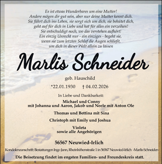 Traueranzeige von Marlis Schneider von Rhein-Zeitung