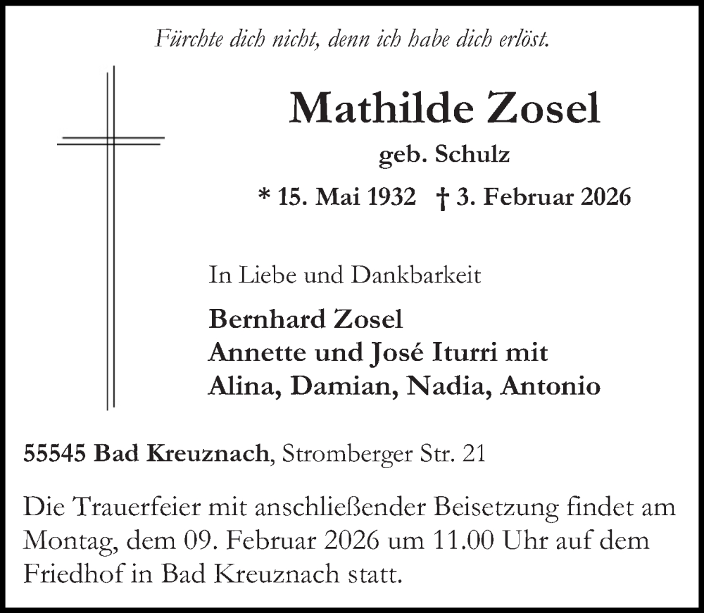 Traueranzeige für Mathilde Zosel vom 07.02.2026 aus Oeffentlicher Anzeiger