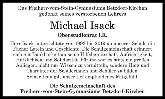 Traueranzeige von Michael Isack von Rhein-Zeitung