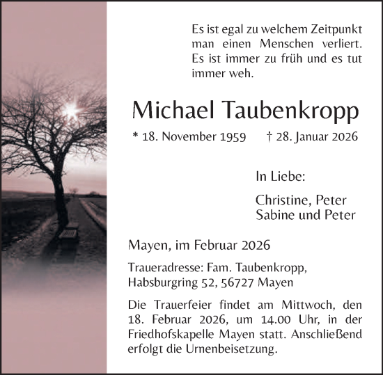 Traueranzeige von Michael Taubenkropp von Rhein-Zeitung
