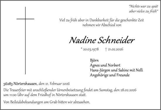 Traueranzeige von Nadine Schneider von Rhein-Zeitung