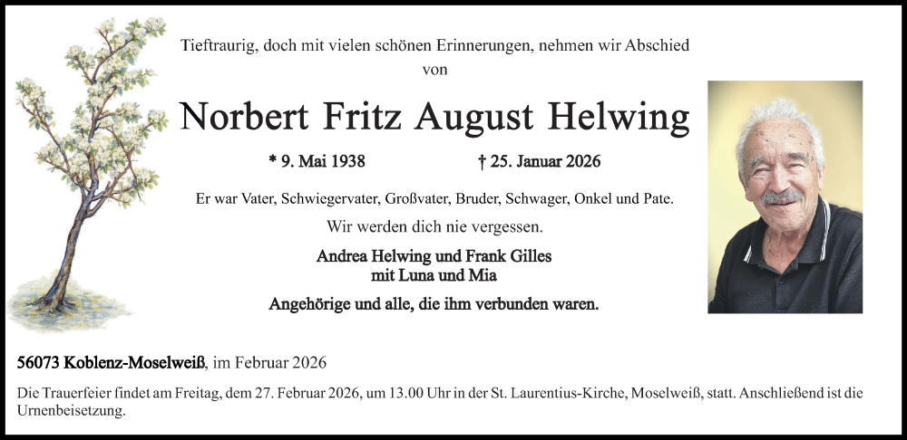  Traueranzeige für Norbert Fritz August Helwing vom 14.02.2026 aus Rhein-Zeitung, Westerwälder Zeitung