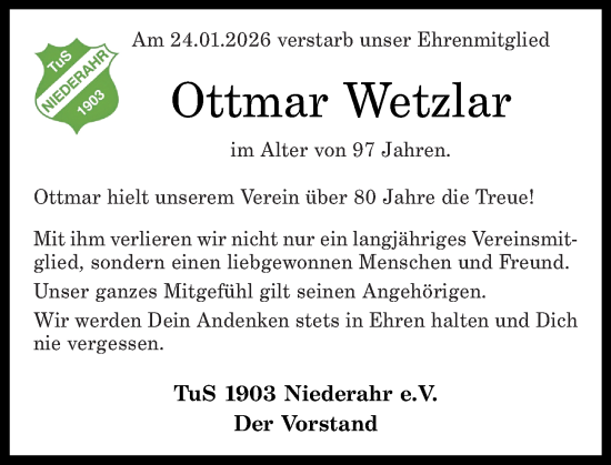 Traueranzeige von Ottmar Wetzlar von Westerwälder Zeitung
