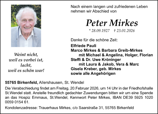 Traueranzeige von Peter Mirkes von Nahe-Zeitung