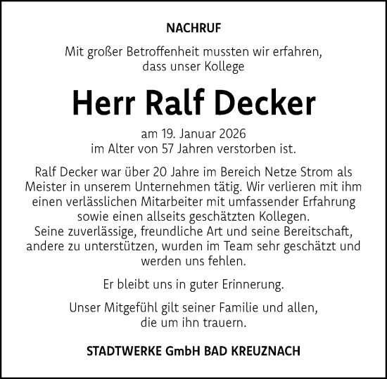 Traueranzeige von Ralf Decker von Oeffentlicher Anzeiger