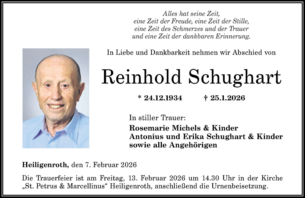  Traueranzeige für Reinhold Schughart vom 07.02.2026 aus Westerwälder Zeitung