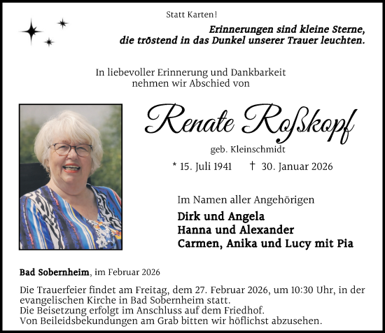 Traueranzeige von Renate Roßkopf von Oeffentlicher Anzeiger