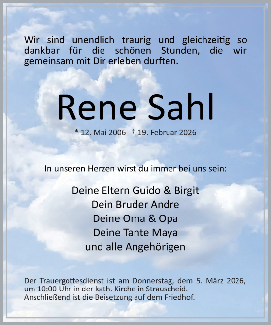 Traueranzeige von Rene Sahl von Rhein-Zeitung