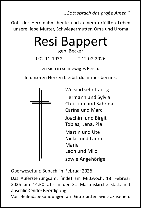 Traueranzeige von Resi Bappert von Rhein-Hunsrück-Zeitung
