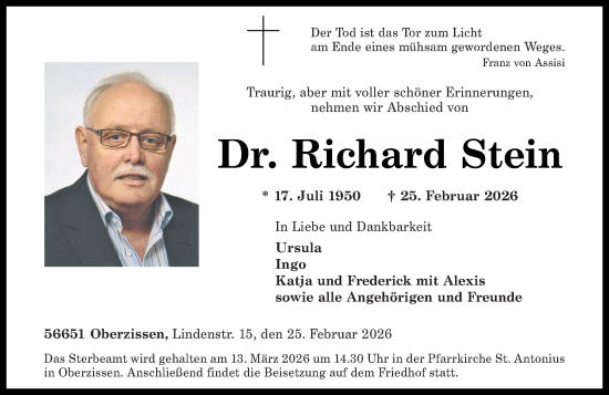 Traueranzeige von Richard Stein von Rhein-Zeitung