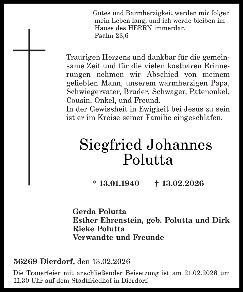  Traueranzeige für Siegfried Johannes Polutta vom 17.02.2026 aus Rhein-Zeitung