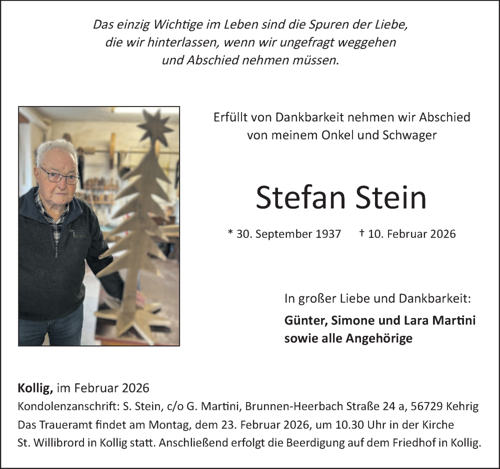  Traueranzeige für Stefan Stein vom 14.02.2026 aus Rhein-Zeitung