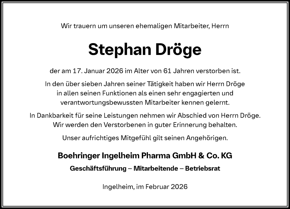 Traueranzeige für Stephan Dröge vom 10.02.2026 aus Rhein-Hunsrück-Zeitung