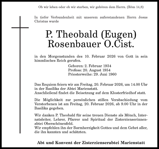 Traueranzeige von Theobald Eugen Rosenbauer von Westerwälder Zeitung, Rhein-Zeitung