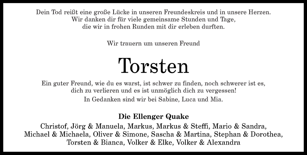  Traueranzeige für Torsten Krempel vom 06.02.2026 aus Westerwälder Zeitung