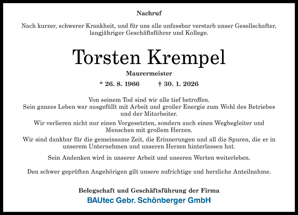  Traueranzeige für Torsten Krempel vom 06.02.2026 aus Westerwälder Zeitung