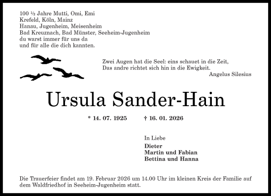 Traueranzeige von Ursula Sander-Hain von Oeffentlicher Anzeiger