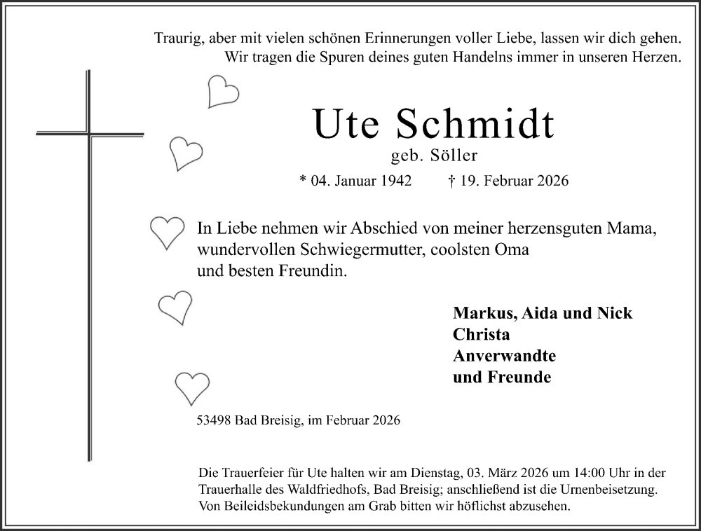  Traueranzeige für Ute Schmidt vom 28.02.2026 aus Rhein-Zeitung