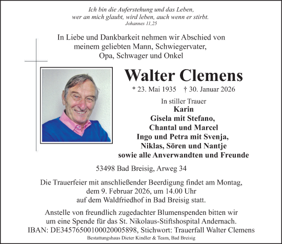 Traueranzeige von Walter Clemens von Rhein-Zeitung