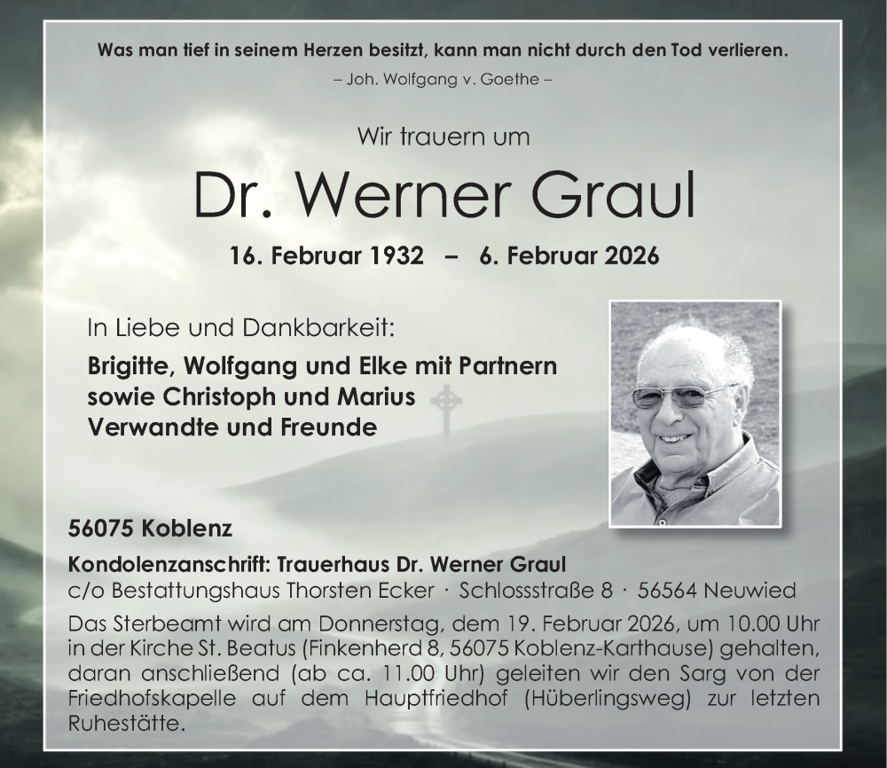  Traueranzeige für Werner Graul vom 14.02.2026 aus Rhein-Zeitung