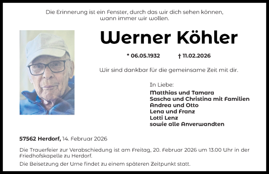 Traueranzeige von Werner Köhler von Rhein-Zeitung