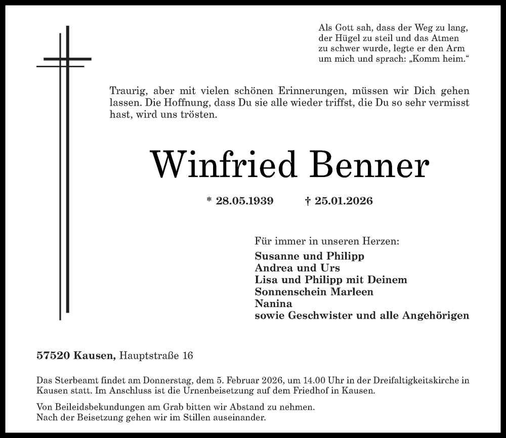  Traueranzeige für Winfried Benner vom 02.02.2026 aus Rhein-Zeitung