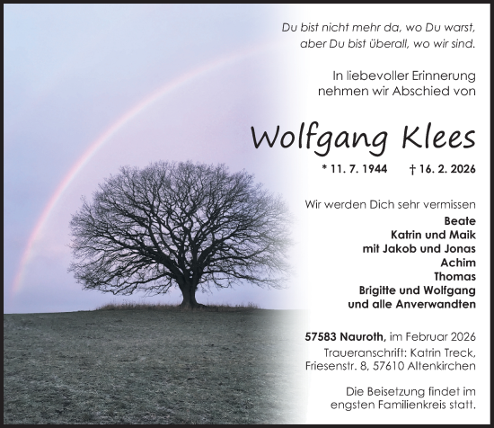 Traueranzeige von Wolfgang Klees von Westerwälder Zeitung, Rhein-Zeitung