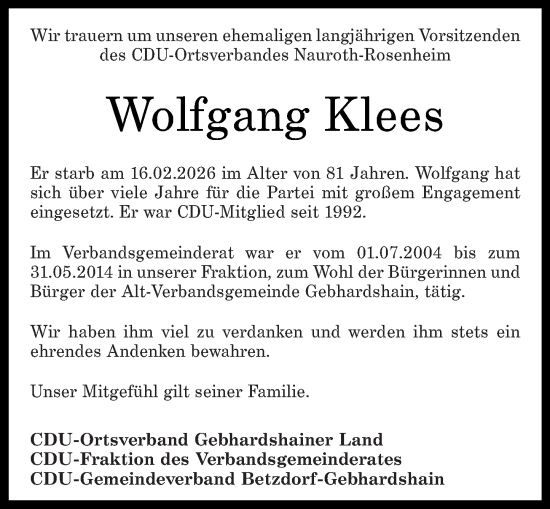 Traueranzeige von Wolfgang Klees von Rhein-Zeitung