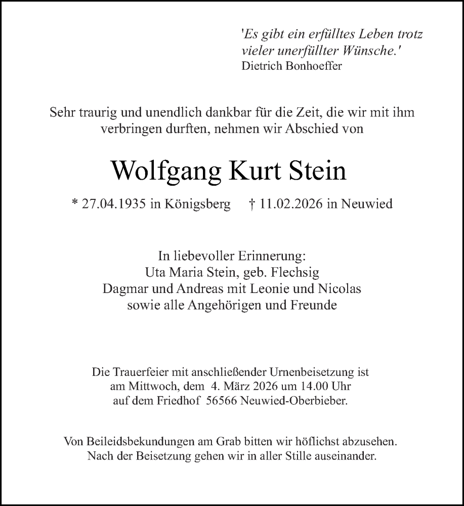  Traueranzeige für Wolfgang Kurt Stein vom 21.02.2026 aus Rhein-Zeitung