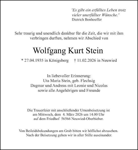 Traueranzeige von Wolfgang Kurt Stein von Rhein-Zeitung